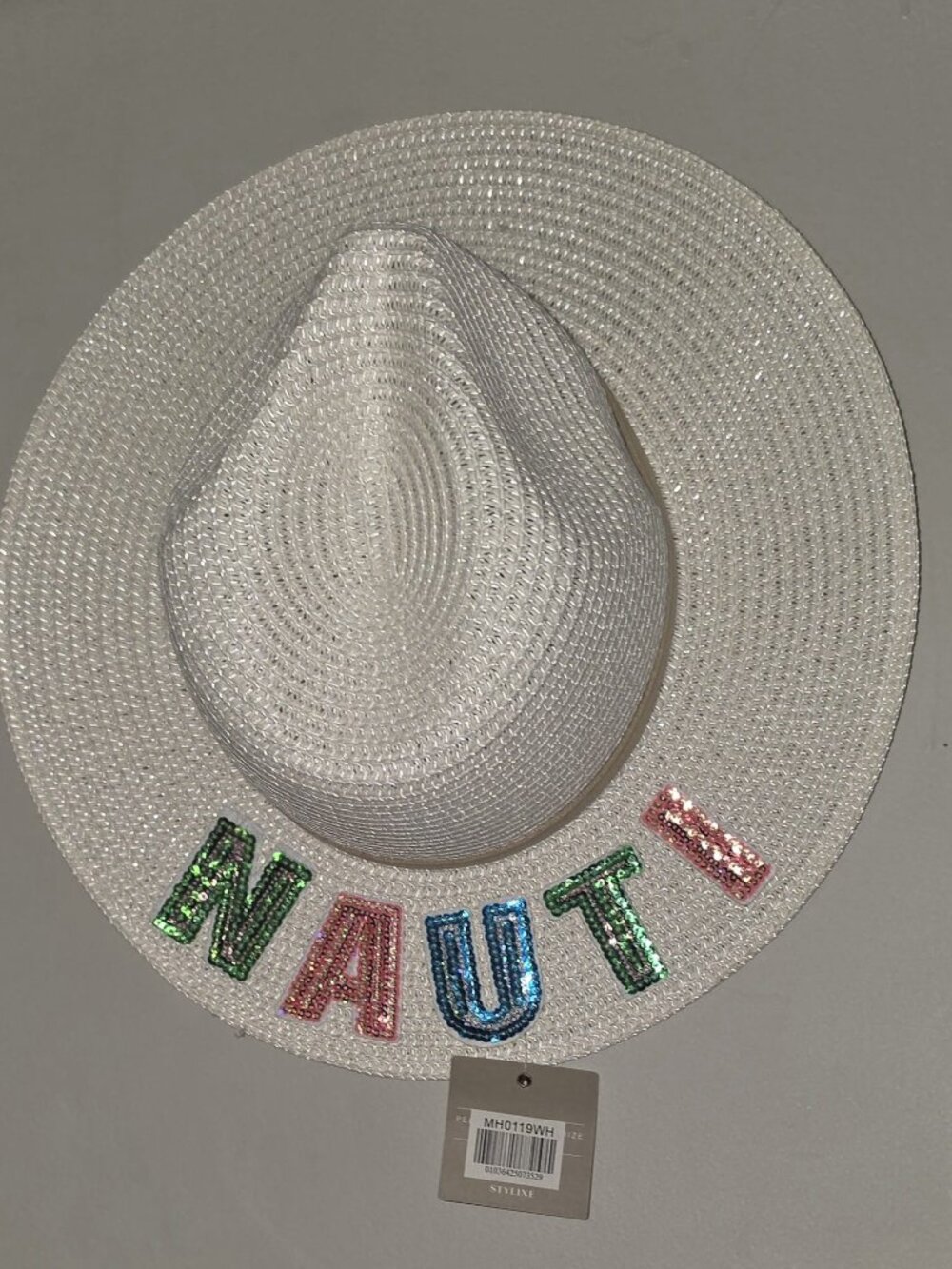 Styline Women's "NAUTI" Sequin Letter White Straw Panama Sun Hat Model MH0119WH